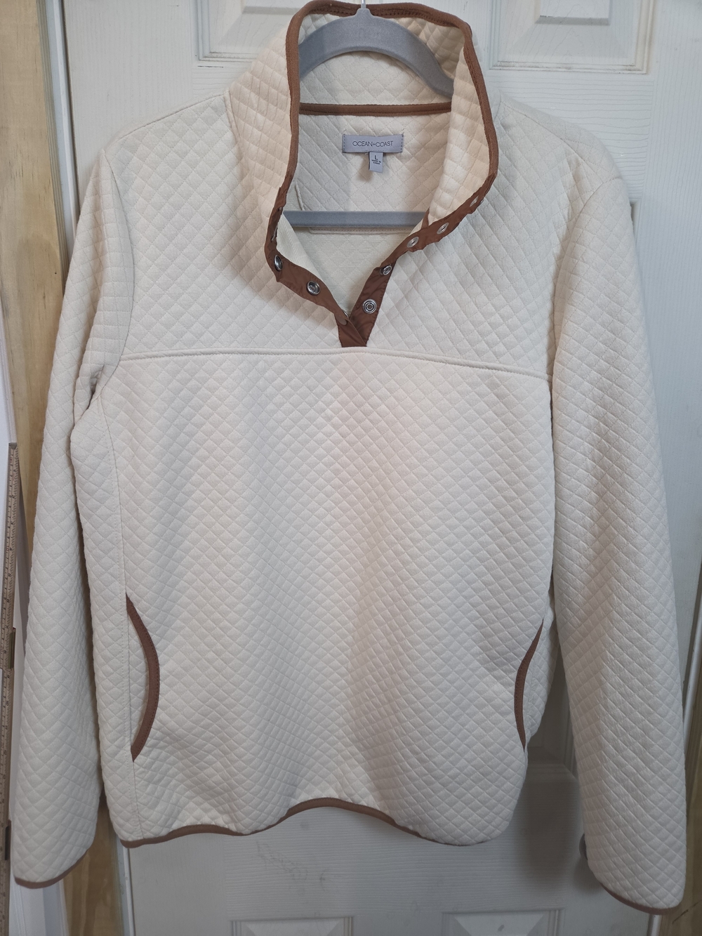 Quilted Pullover with Brown Trim cream-colored Ocean & Coast Snap-front #0319